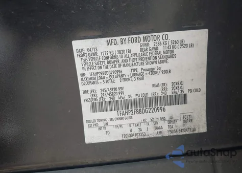 2013 Ford Taurus Limited from USA, damaged, VIN 1FAHP2F88DG220996